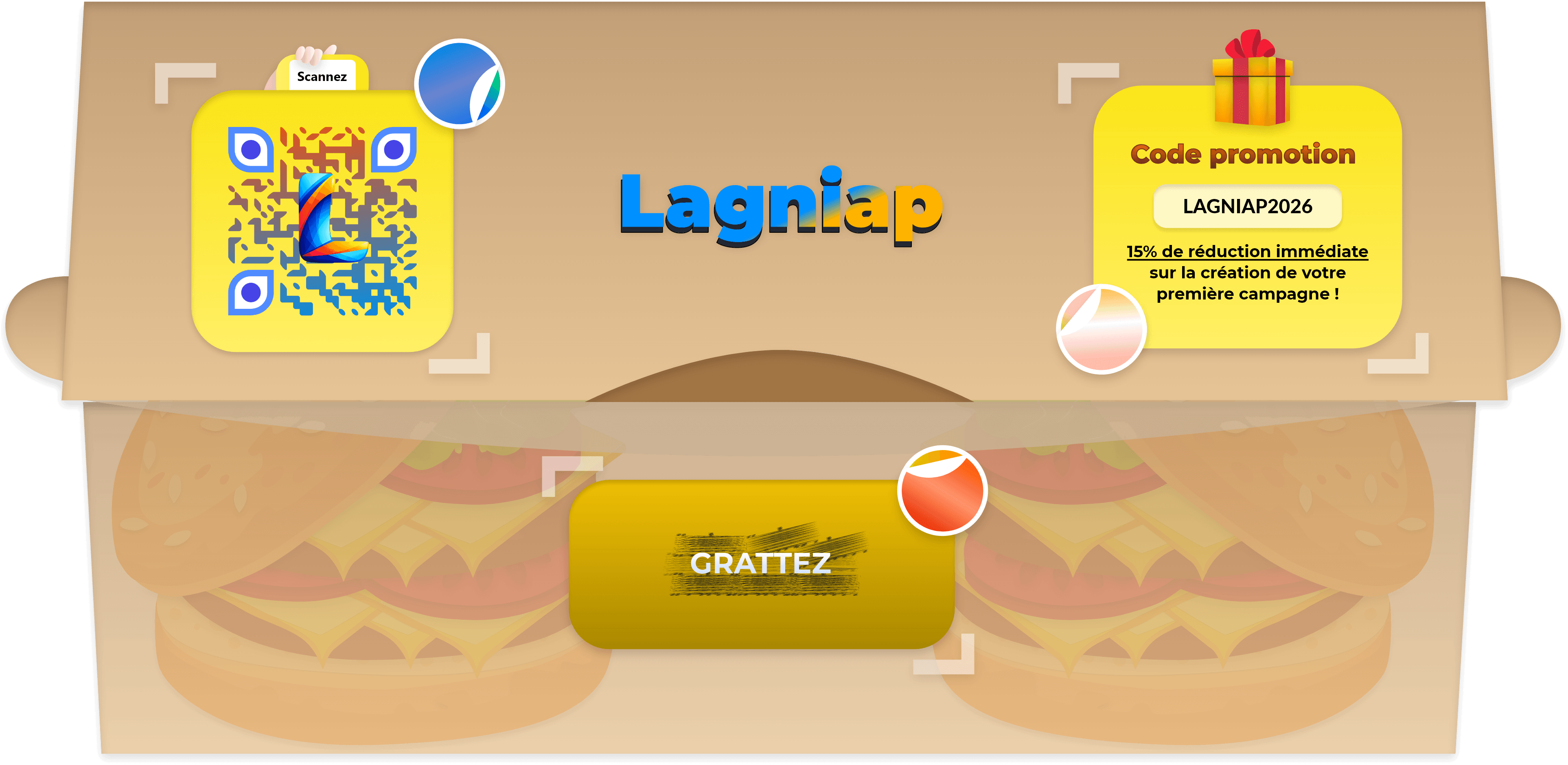 Boîte repas LAGNIAP avec QR code et code promotionnel
